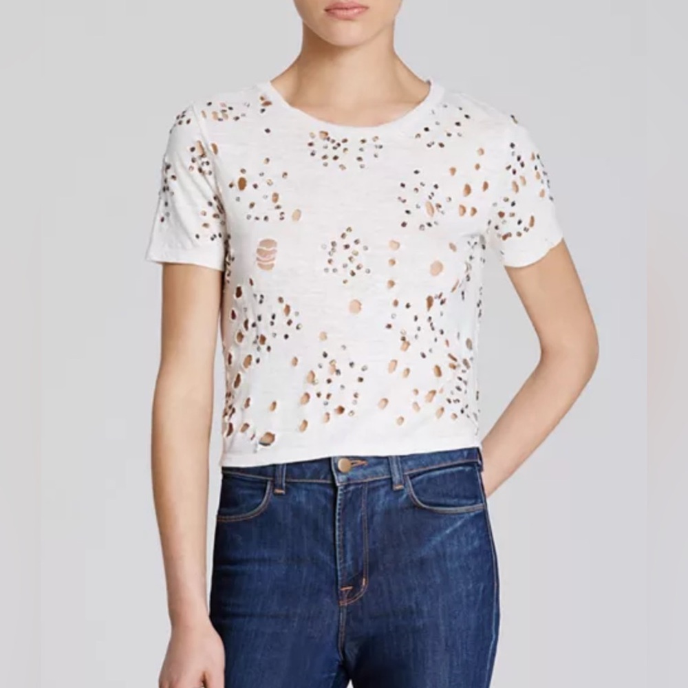 Alice‎ + Olivia Distressed Hole Tee Shirt Sequence Gypsie Hippie Hobo Bohemian